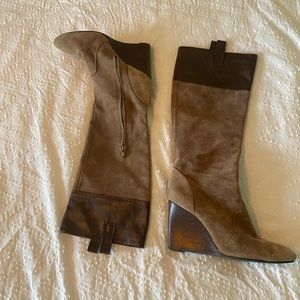 J Vincent leather suede wooden heel wedge knee high boots